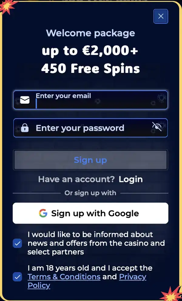 Modulo di registrazione Gangstasino con e-mail, password e accesso con Google